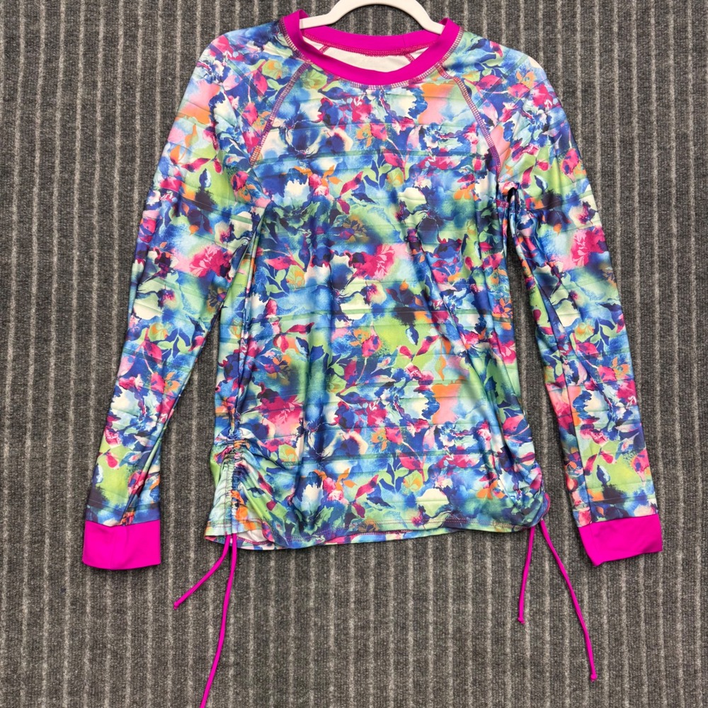 Title Nine Womens Rash Guard Size M Multi Floral Long Sleeve Side Cinch Swim Top